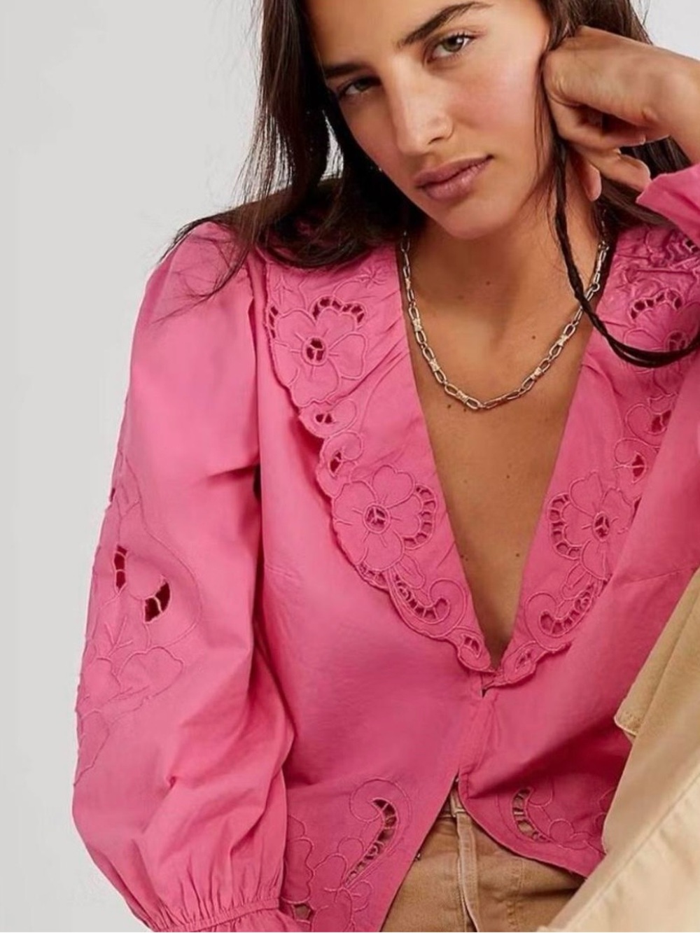 Free People Pink Eyelet Embroidered V-Neck Blouse